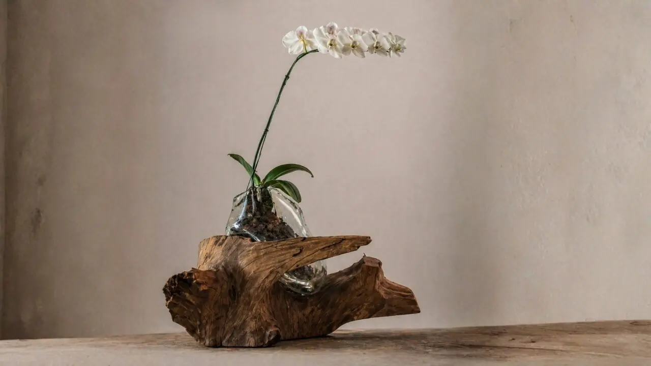 Orquídea en una pieza de vidrio soplado sobre un tronco de madera recuperada.