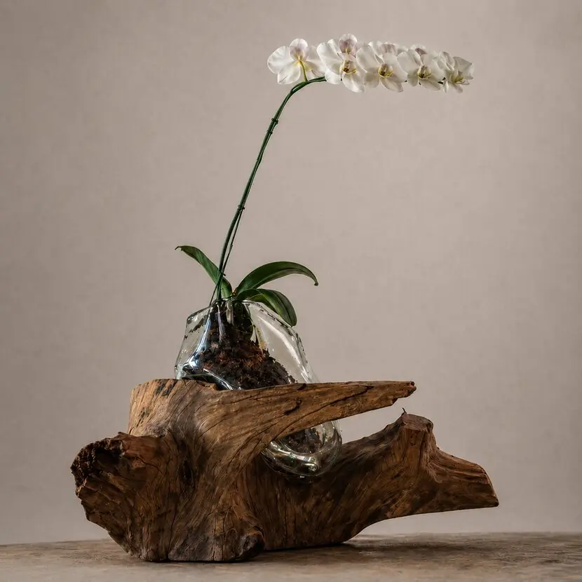 Orquídea cultivada en una estructura de vidrio sobre madera.