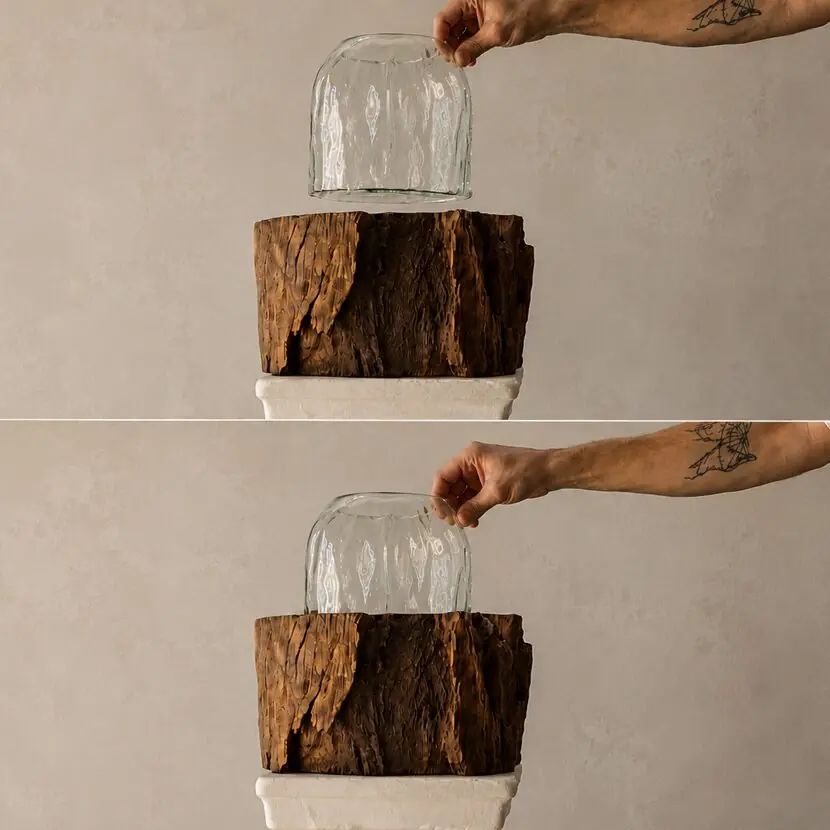 Pieza de la Serie Tronco, con el vidrio separado y encastrado en la madera.